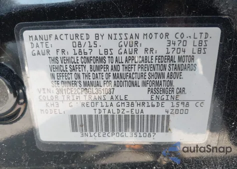 2016 Nissan Versa Note S (Sr)/S Plus/Sl/Sr/Sv из США, поврежденный, VIN 3N1CE2CP0GL351087